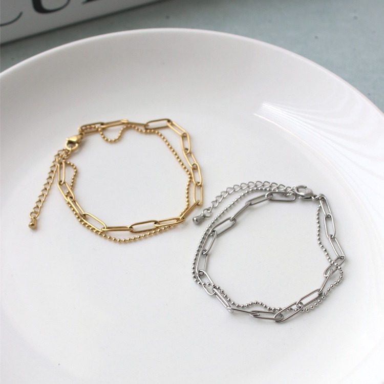 B-164) 2連チェーンブレスレット / ステンレス | ビーズ・パーツなどの