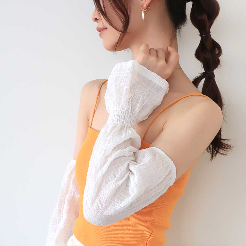 ご確認用☆アームカバー☆ハンドメイド UV加工 ゆるめ アームカバー フリル付 レッド オレンジ - かわいいと