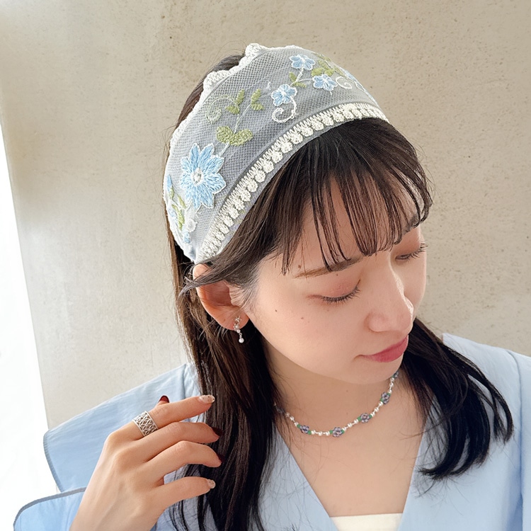 K-282) フラワー刺繍シアーカチューシャ | ビーズ・パーツなどの