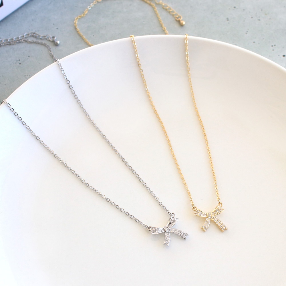 N-320) リボンモチーフネックレス / ニッケルフリー / キュービック