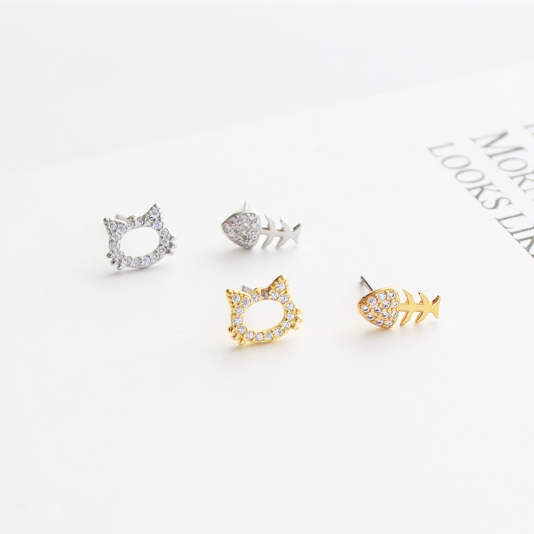P-1200) ネコ×魚チタンピアス / キュービックジルコニア | ビーズ