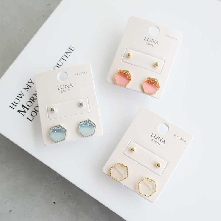 P-861) ヘキサゴンモチーフセットチタンピアス | ビーズ・パーツなどの