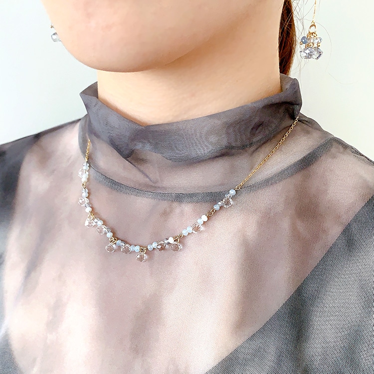 ガラスパーツ ネックレス＆ピアス セット ハンドメイド 61 カットガラスしずくネックレスとシャンデリアピアス | ビーズ・パーツ